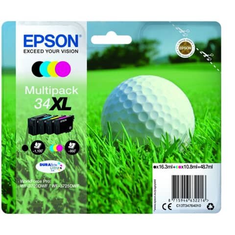 Original Epson Tintenpatrone MultiPack Bk,C,M,Y High-Capacity (C13T34764010,T347640,34XL,T3476,T34764010)