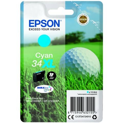 Original Epson Tintenpatrone cyan High-Capacity (C13T34724010,T347240,34XL,T3472,T34724010)