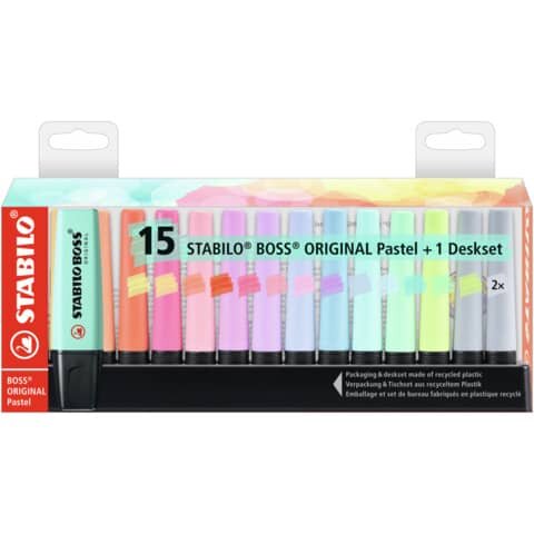 Textmarker STABILO® BOSS® ORIGINAL Pastel. Kappenmodell, Farbe des Schaftes: in Schreibfarbe, Farbe: Pastellfarben sortiert. Ausführung des Inhalts mit Packung: Tischset aus 100 % recyceltem Kunststoff mit 15 Einzelstiften