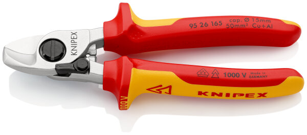 KNIPEX 95 26 165 Kabelschere mit Öffnungsfeder isoliert mit Mehrkomponenten-Hüllen, VDE-geprüft verchromt 165 mm