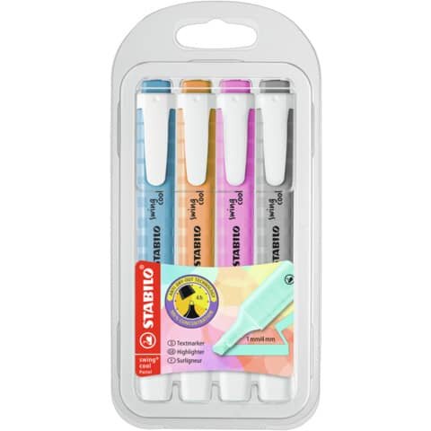 Textmarker STABILO® swing® cool Pastel Etui. Kappenmodell, Farbe des Schaftes: in Schreibfarbe, Farbe: sortiert. Ausführung des Inhalts mit Packung: Etui mit 4 Stiften