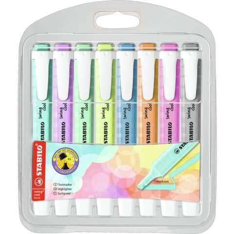 Textmarker STABILO® swing® cool Pastel Etui. Kappenmodell, Farbe des Schaftes: in Schreibfarbe, Farbe: Pastellfarben sortiert. Ausführung des Inhalts mit Packung: Etui mit 8 Stiften