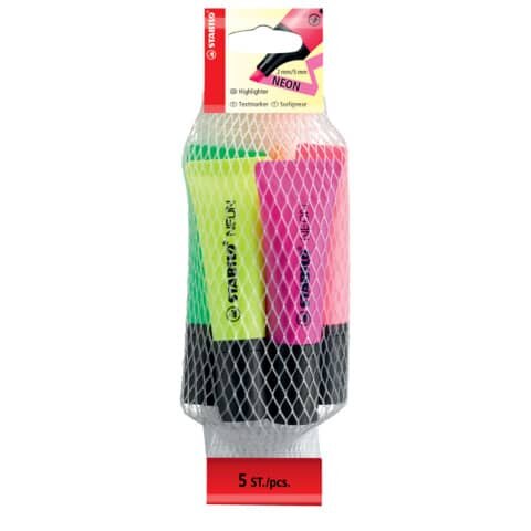 Textmarker STABILO® NEON. Kappenmodell, Farbe des Schaftes: in Schreibfarbe, Farbe: sortiert: je 1 x gelb, grün, orange, pink, magenta. Ausführung des Inhalts mit Packung: Netz mit 5 Stiften