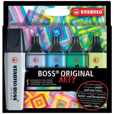 Textmarker STABILO® BOSS® ORIGINAL Etui  "ARTY". Kappenmodell, Farbe des Schaftes: in Schreibfarbe, Farbe: sortiert. Ausführung des Inhalts mit Packung: Etui mit 5 Stiften