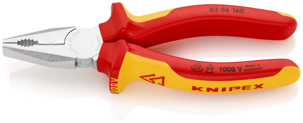 KNIPEX 03 06 160 Kombizange isoliert mit Mehrkomponenten-Hüllen, VDE-geprüft verchromt 160 mm