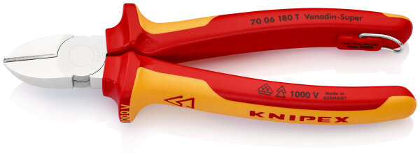 KNIPEX 70 06 180 T Seitenschneider isoliert mit Mehrkomponenten-Hüllen, VDE-geprüft; mit integrierter isolierter Befestigungsöse zum Anbringen einer Absturzsicherung verchromt 180 mm