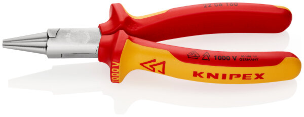 KNIPEX 22 06 160 Rundzange isoliert mit Mehrkomponenten-Hüllen, VDE-geprüft verchromt 160 mm