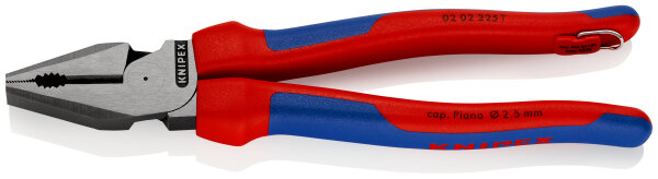 KNIPEX 02 02 225 T BK Kraft-Kombizange mit Mehrkomponenten-Hüllen, mit integrierter Befestigungsöse zum Anbringen einer Absturzsicherung schwarz atramentiert 225 mm (SB-Karte/Blister)