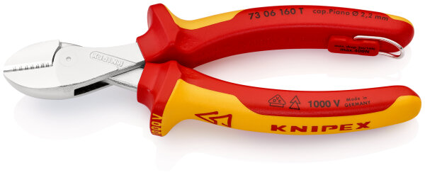 KNIPEX 73 06 160 T BK X-Cut® Kompakt-Seitenschneider isoliert mit Mehrkomponenten-Hüllen, VDE-geprüft; mit integrierter isolierter Befestigungsöse zum Anbringen einer Absturzsicherung verchromt 160 mm (SB-Karte/Blister)