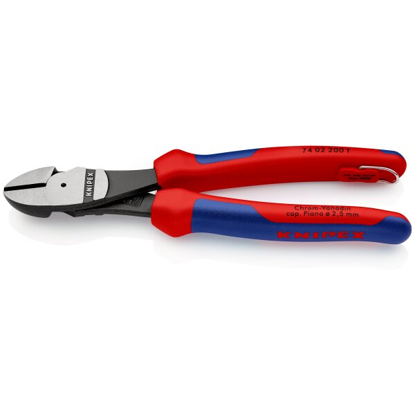 KNIPEX 74 02 200 T BK Kraft-Seitenschneider mit Mehrkomponenten-Hüllen, mit integrierter Befestigungsöse zum Anbringen einer Absturzsicherung schwarz atramentiert 200 mm (SB-Karte/Blister)