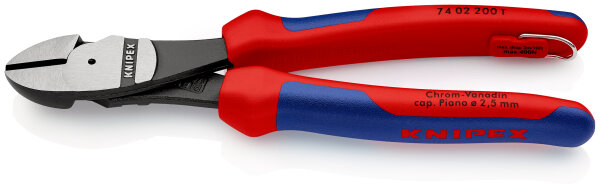 KNIPEX 74 02 200 T Kraft-Seitenschneider mit Mehrkomponenten-Hüllen, mit integrierter Befestigungsöse zum Anbringen einer Absturzsicherung schwarz atramentiert 200 mm