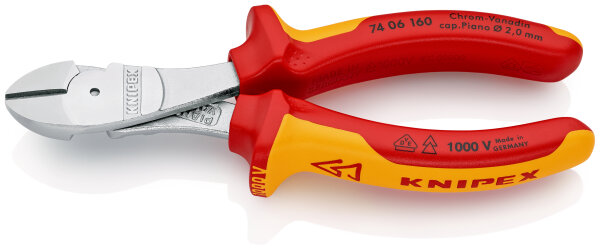 KNIPEX 74 06 160 SB Kraft-Seitenschneider isoliert mit Mehrkomponenten-Hüllen, VDE-geprüft verchromt 160 mm (SB-Karte/Blister)