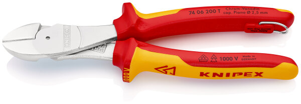 KNIPEX 74 06 200 T BK Kraft-Seitenschneider isoliert mit Mehrkomponenten-Hüllen, VDE-geprüft; mit integrierter isolierter Befestigungsöse zum Anbringen einer Absturzsicherung verchromt 200 mm (SB-Karte/Blister)