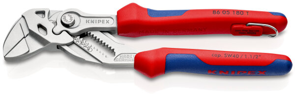 KNIPEX 86 05 180 T BK Zangenschlüssel Zange und Schraubenschlüssel in einem Werkzeug mit Mehrkomponenten-Hüllen, mit integrierter Befestigungsöse zum Anbringen einer Absturzsicherung verchromt 180 mm (SB-Karte/Blister)