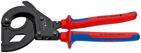 KNIPEX 95 32 315 A Kabelschneider (Ratschenprinzip) für stahlarmierte Kabel (SWA-Kabel) mit Mehrkomponenten-Hüllen schwarz lackiert 315 mm