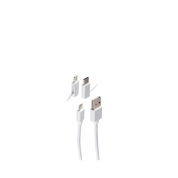 shiverpeaks®--USB Lade-Sync Kabel 3in1 USB A Stecker auf USB Micro B + USB-C + 8-pin Stecker weiß 2m