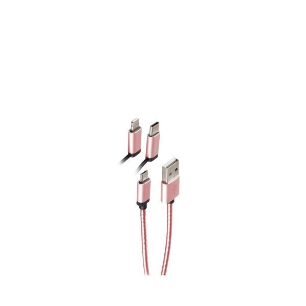 shiverpeaks®--USB 3in1 Ladekabel, USB-A-Stecker auf USB Micro B+USB Typ C+8-pin Stecker rosegold, 1m