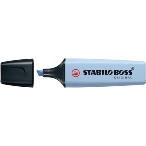 Textmarker STABILO® BOSS® ORIGINAL Pastel. Kappenmodell, Farbe des Schaftes: in Schreibfarbe, Farbe: Wolkenblau