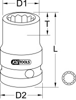 1/2" 12-kant-Kraft-Stecknuss, kurz, 1.1/16"