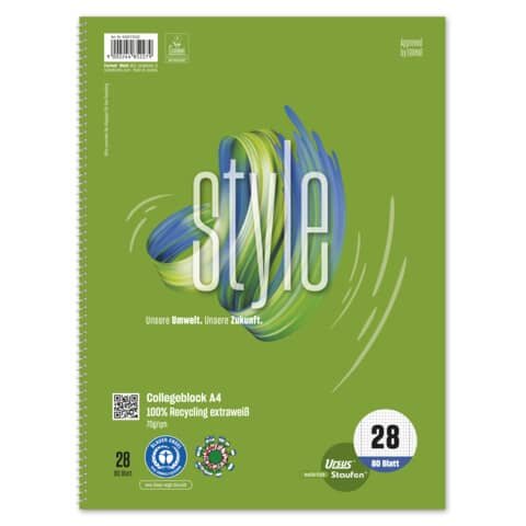 Style REC Collegeblock A4, 70 g/qm, DIN A4, kariert mit Rand innen/außen, 80 Blatt