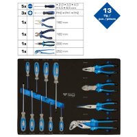 Schaumstoffeinlage mit 13 Schraubendrehern und Zangen