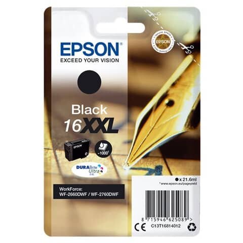 Epson 16XXL - Druckerpatrone - Größe XL - 1 x Schwarz - 1.000 Seiten, für WorkForce WF-2010W, WF-2510WF, WF-2520NF, WF-2530WF, WF-2540WF