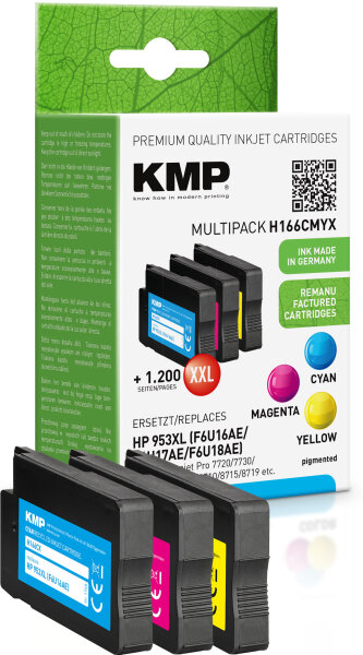 KMP H166CMYX  cyan, magenta, gelb Druckerpatronen kompatibel zu HP 953XL (F6U16AE/F6U17AE/F6U18AE), 3er-Set