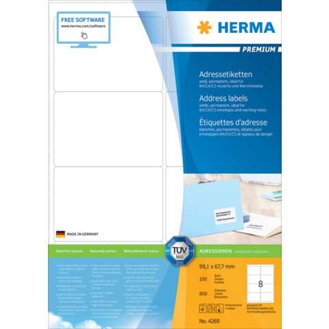 PREMIUM Adressetiketten A4, 99,1 x 67,7 mm, weiß, permanent haftend