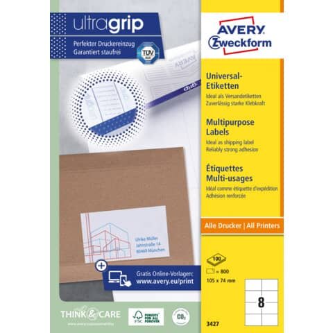 Universal-Etiketten, A4 mit ultragrip, 105 x 74 mm, 100 Bogen/800 Etiketten, weiß